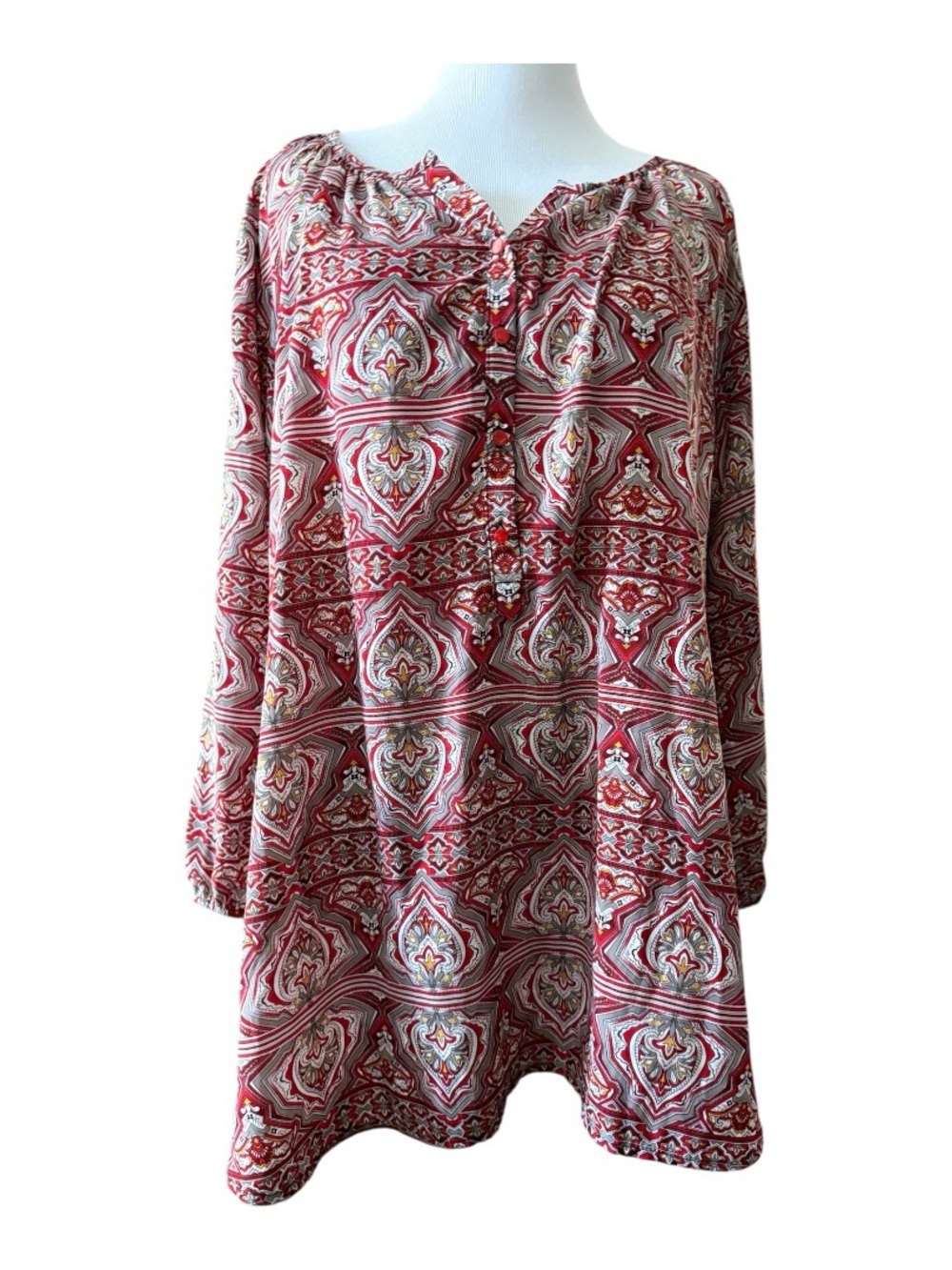 Igigi Red and Cream Patterned Long Sleeve Tunic - size 30/32